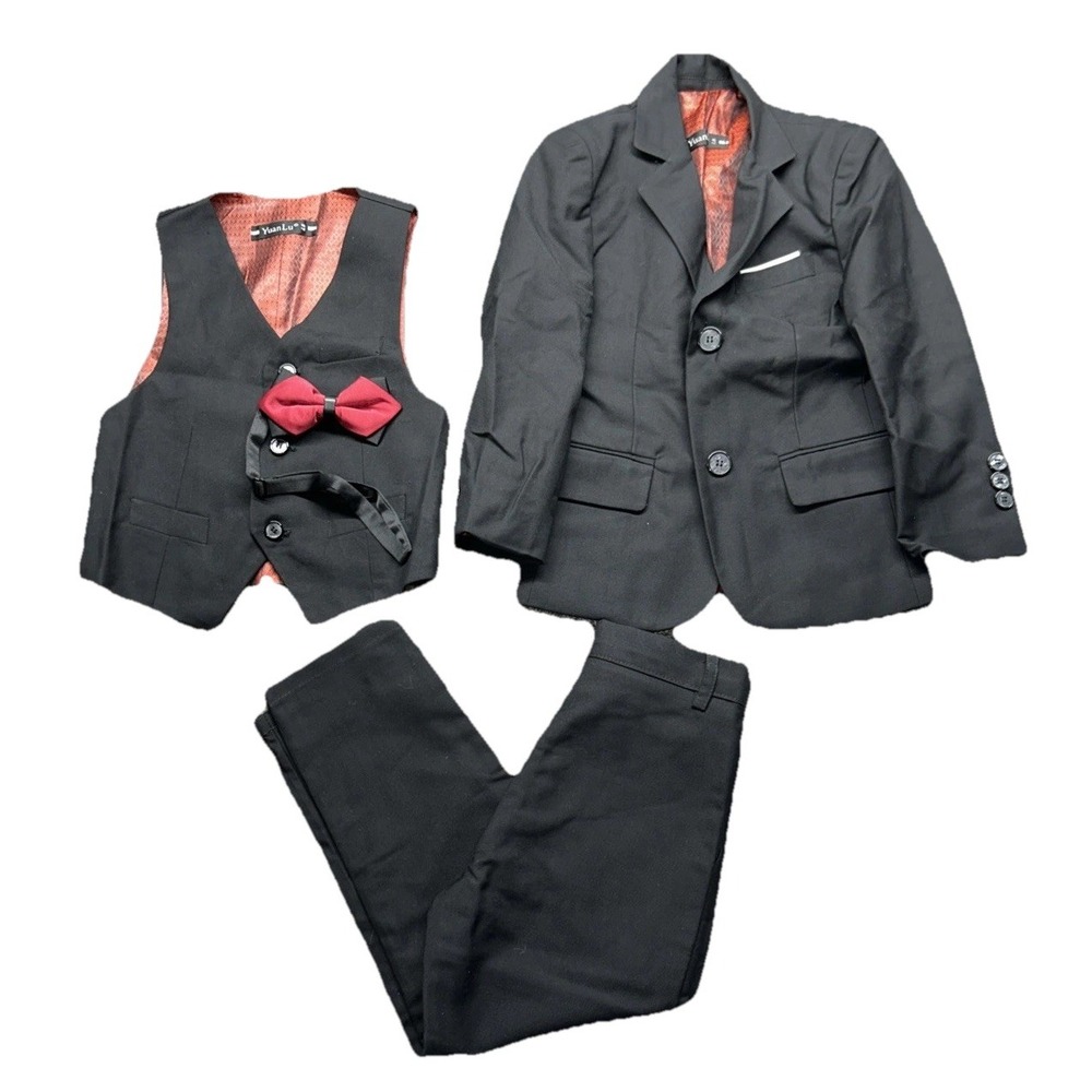 Yuan Lu Boys 5-Piece Suit Set Size 4 Black Blazer, Pants, Vest, Bowtie